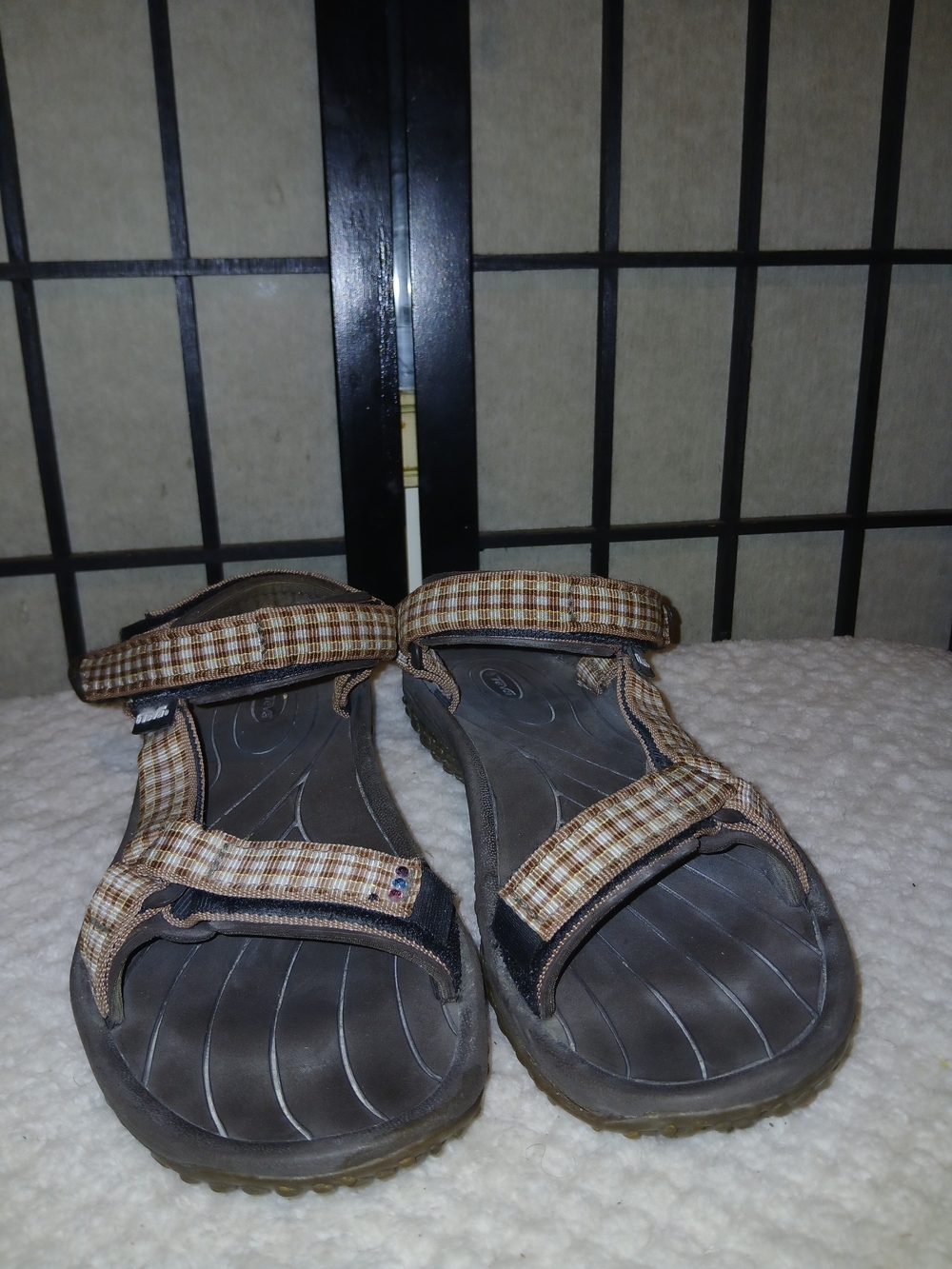 TEVA Plaid Adjustable Strap Sandals - Brown/Beige